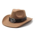 Detail of camel wool cowboy hat with brown leather band and embossed eagle buckle - M (56-58cm) / Khaki