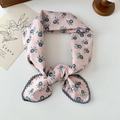 Pink floral cotton linen scarf with blue flower pattern and dark blue lace trim edges - Pink Fruit