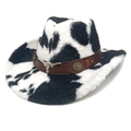 Western cow print cowboy hat with plush texture and bull head metal ornament - M (56-58cm) / Heart-shaped Top Black
