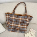 Borsa tote retrò in lana a scacchi blu e arancione con etichetta in pelle cucita - Arancione Blu