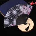 Classic black folding fan with pink cherry blossoms, white butterflies and black tassel - Style 55