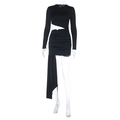Black long sleeve mini dress with waist cutout and asymmetric draped ribbon detail - S / Black