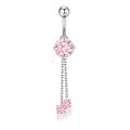 Polished stainless steel belly ring featuring a large pink zircon with dangle chains - Pink Chain
