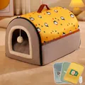 Semi-enclosed warm pet house with yellow cartoon print and included electric heating mat - Small (50x39x36cm) / Yellow Gray Style (Electric Blanket Random Color) / Bright Yellow/Gray