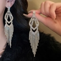 Elegant silver long tassel drop earrings with sparkling rhinestones for women - 48# Silver Earring Post - Regular - Silver