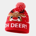 Detail of red Christmas knit beanie featuring reindeer pattern and OH DEER! text - Red Cartoon Reindeer Slogan Style (5#款)