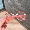 Pink round children sunglasses with colorful rainbow and white cloud decor on frames - Deep Pink
