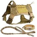 Tactical dog harness set with collar and bungee leash in coyote tan nylon finish - L / Harness, Leash And Collar Set / Khaki