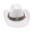 White felt cowboy hat with bohemian ethnic band, turquoise stones and tassels - Ethnic Style Decor / White