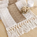Boho table runner with white lace, natural burlap patchwork and handmade knotted tassels - White-brown - Knotted Tassels / 30*50cm