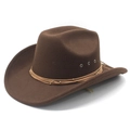 Retro dark brown wool felt western cowboy hat with wide brim and leather cord band - M (56-58cm) / Brown
