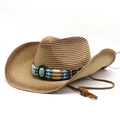 Classic Western straw cowboy hat with ethnic turquoise band and adjustable wind rope - Light Tan (6#)
