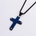 Men's stainless steel cross necklace with black metal edge and blue mesh texture inlay - Blue + Black