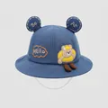 Detailed close-up of blue cotton bucket hat with bear ears and adjustable windproof cord - 50cm (1-3 Years) / Blue