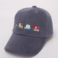 Detail of cartoon construction vehicle embroidery on dark gray cotton kids baseball cap - Kids Size / Construction Vehicles Embroidery / Gray