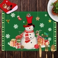 Christmas snowman placemat with gift boxes and red flowers on dark green fabric - CD30-19