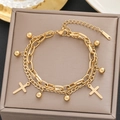 Double-layer 18k gold plated stainless steel bracelet with cross and bead charms - Gold Layered Cross Bead Style (513)