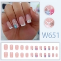 Press-on nail set with French white tips, blue pink gradient, and glitter star patterns - French Starry Sky Glitter (W651)
