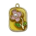 French vintage style rectangular gold pendant with pink enamel flower and pearl - Yellow Square Pearl Flower Leaf-22112