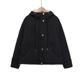 Women black hooded jacket with white faux fur collar and gold metal buttons for winter - XS / Black