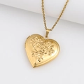 Gold heart locket necklace with rose floral engraving on polished stainless steel - Rose Heart/Gold