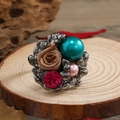 Vintage style rose pearl adjustable ring featuring blue and pink pearls on wood - Adjustable Open / Gun Black Base Brown Fabric Rose Blue Pink Pearl Colorful Crystal / Colorful Gun Black