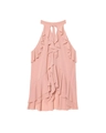 Detail view of pink sleeveless halter top featuring layered ruffles and crepe texture - XS / Pink