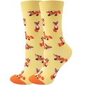 Detail of yellow mid-calf socks featuring a fox pattern with orange toes and heels - Yellow Little Fox