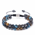 Triple layer 6mm blue tiger eye and hematite beaded bracelet with black woven cord - Blue Yellow Tiger Eye Hematite Bracelet