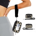 Detail of checkered wristlet wallet with transparent card slot and secure zip closure - Checkerboard Black
