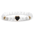 White cat eye stone beaded bracelet with black heart charm and gold accents - Black Heart / White