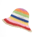 Rainbow striped crochet sun hat with wavy brim and colorful woven cotton stripes - Multicolor Beige