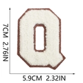 Detail view of 7cm chenille letter Q patch in cream with brown border and dimensions - Letter Q