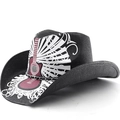 Cappello da cowboy western nero intrecciato con motivo chitarra e catena argento - M (56-58cm) / Stampa Chitarra