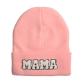 Berretto in maglia rosa con ricamo MAMA in ciniglia bianca e risvolto classico - Stile MAMA / Rosa