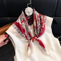 Elegant red floral square silk scarf with paisley pattern tied on a white dress neck - 86 Square Scarves / 65