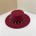 Detail of dark red wool fedora with black leather band and silver punk metal spikes - Adjustable M (56-58cm) / Burgundy