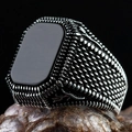 Macro detail of men's vintage copper ring with black stone on natural stone base - Black Square Matte Beaded(KJZ031XS)