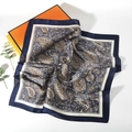Detail shot of navy blue paisley silk scarf with elegant gift box packaging - 70*70cm / Paisley Navy