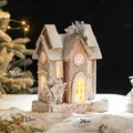 Lighted wooden Christmas cabin with snow 24x13x30.5cm festive table ornament - Pine Cone Snow House Style I Battery Model