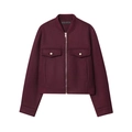 Women's burgundy wool bomber jacket with silver zipper and front utility pockets - XS
