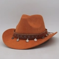 Brown felt cowboy hat with ethnic ribbon and silver coin charms shown from 45-degree angle - One Size (56-60cm) / Khaki