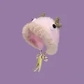 Cute pink plush knitted trapper hat with yellow Shrek ears and cartoon eyes design - One Size / Little Deer Pink