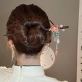 Elegant wood hair pin with pink flowers and white pearl beads with long tassel - Hairpin #156 - Pink