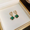 Golden four-leaf clover earrings with green pendants and sparkling white zircon inlays - Green Clover (Ear Buckle - Green)