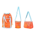 Three orange jelly-colored mesh beach bags with light blue straps for kids toy storage - Orange Mesh Bag 3-Piece Set (Shoulder+Bucket+Handbag)