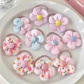 Set of 10 cute floral cloth hair ties with various patterns and colorful button centers - Peach Pink Single-Layer Flower 10Pcs Set