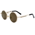 Retro round gold metal sunglasses with spring temples and dark brown lenses - Gold Tea
