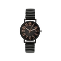Close-up of a black watch with rose gold numerals and flexible spring strap - Black