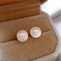 Pink round pearl earrings with iridescent glow in beige velvet jewelry display box - Mermaid Pink Bread Pearl 12mm